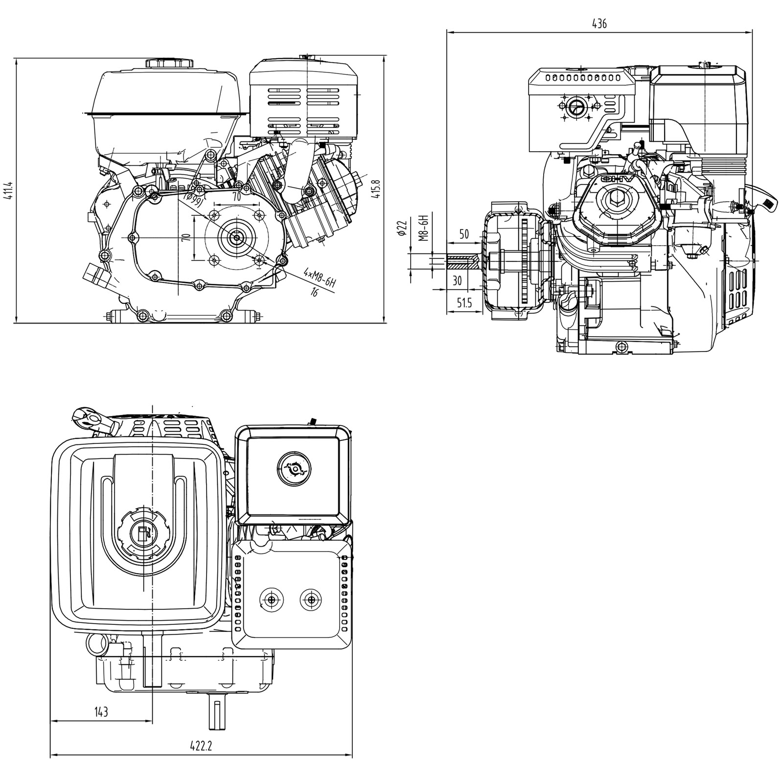 XPOtool GK270 Gasoline Engine 5kW (9hp) Wet Clutch Reversing Starter