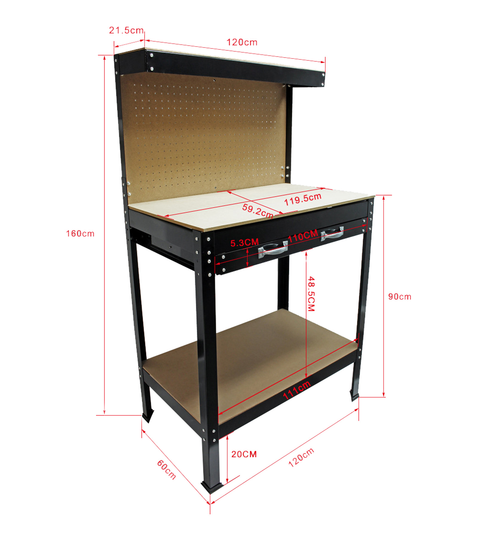 Workshop Workbench With Pegboard And Drawer Heavy-Duty Garage