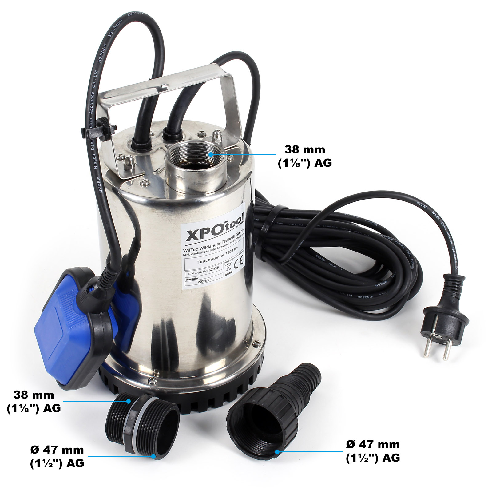 XPOtool Tauchpumpe bis 7500l/h 400W Schmutzwasserpumpe mit 10m