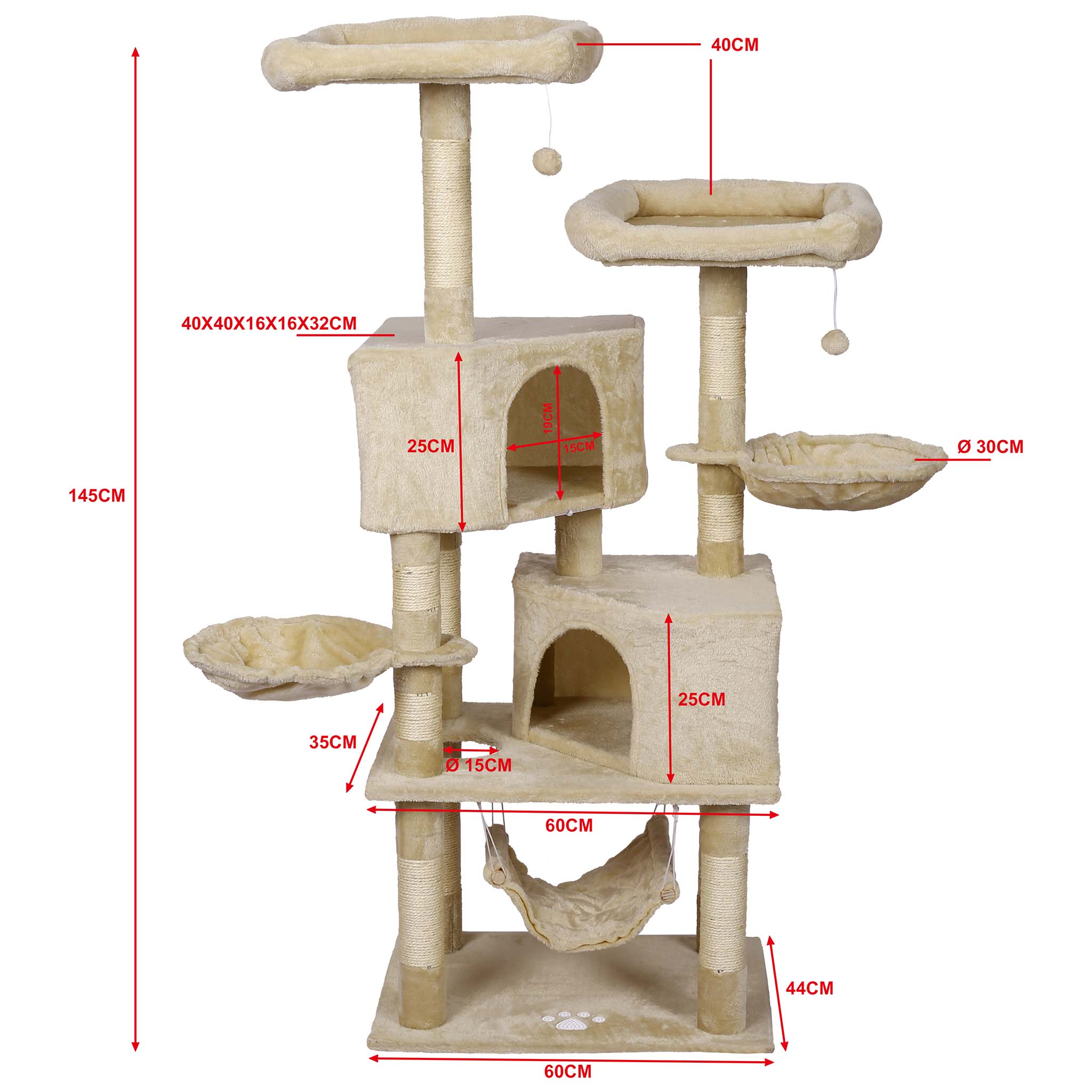 Katzenkratzbaum beige mit Pfotenmotiv Spielbälle Kratzbaum Katzenhäusern 63246 145cm mit und | Hängematten
