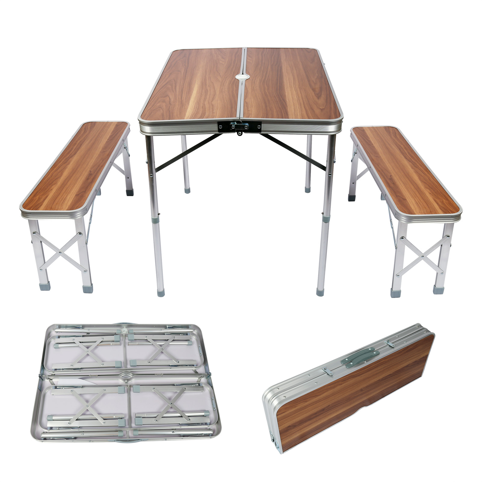 Tables pliable et banc pliable en bois et pieds en acier. En