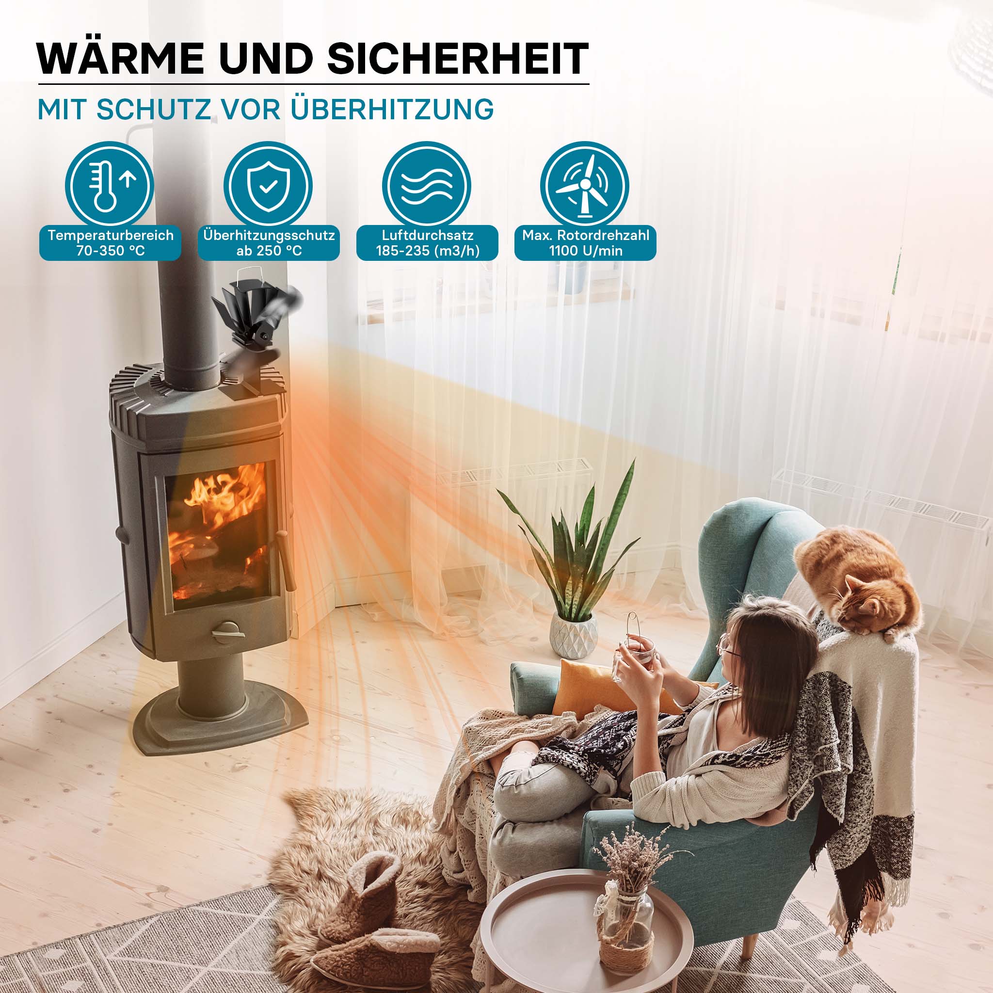 Ventilateur thermique à 7 pales pour cheminée à bois, distribution efficace  de la chaleur, sécurité pour poêle à bois, brûleur de bois